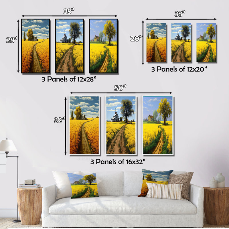 «Countryside Farm Road Through Spring Fields», 3 pièces sur toile, Cadre noir, H 36 po x l 20 po
