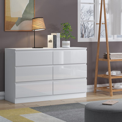Carlton 6 Drawer Chest Of Drawers. 110cm Wide. 3+3 Configuration. High Gloss Front. Scratch Resistant. Modern No Handle Design.
