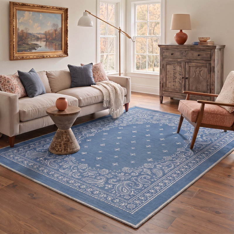 Tapis oriental bleu / ivoire lavable à la machine avec envers antidérapant, Rectangle 6' x 9'