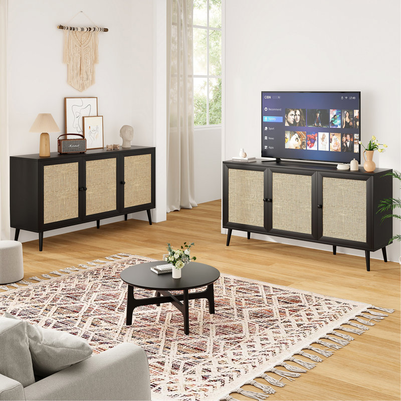 Buffet buffet avec 3 portes en rotin, console de rangement moderne pour le salon de l'entrée