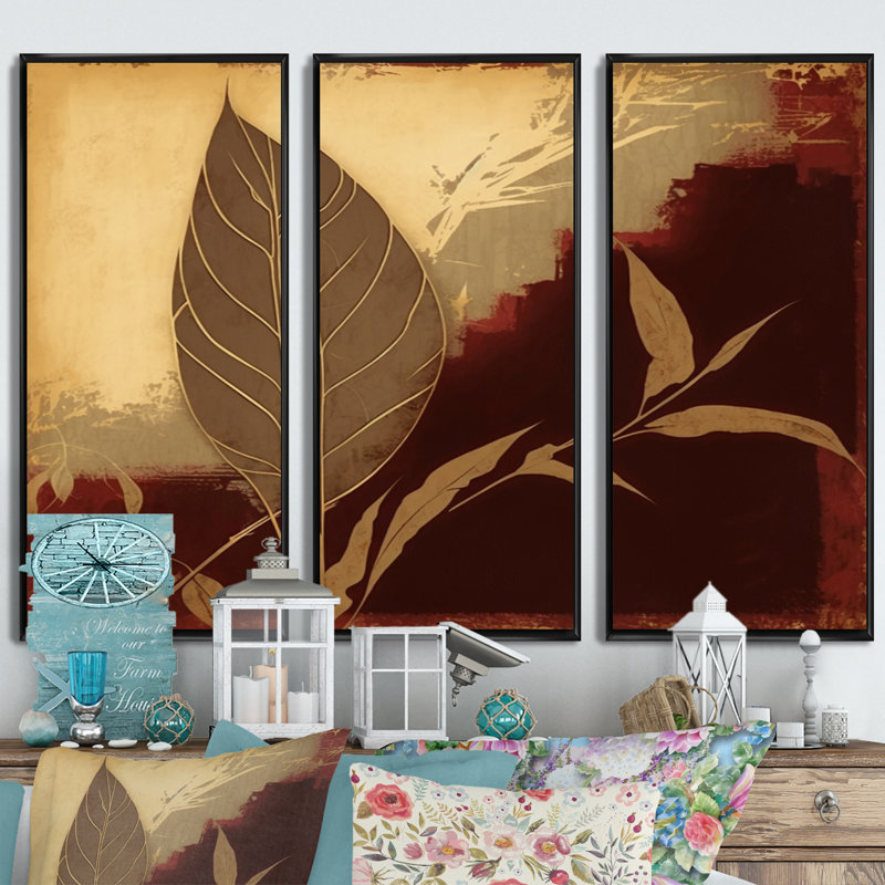 Terra Cotta Chocolate Leaves II - impression de 3 pièces, Cadre flottant noir, H 28 po x l 36 po x P 1 po