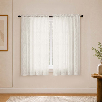 Ivory Semi Sheer Curtains 45 Inch Length 2 Panels, Geometric Jacquard Clip Textured Short Sheer Curtains for Bedroom，Morden Elegant Window Curtains Drapes/Treatment Sheer，42x45 inch