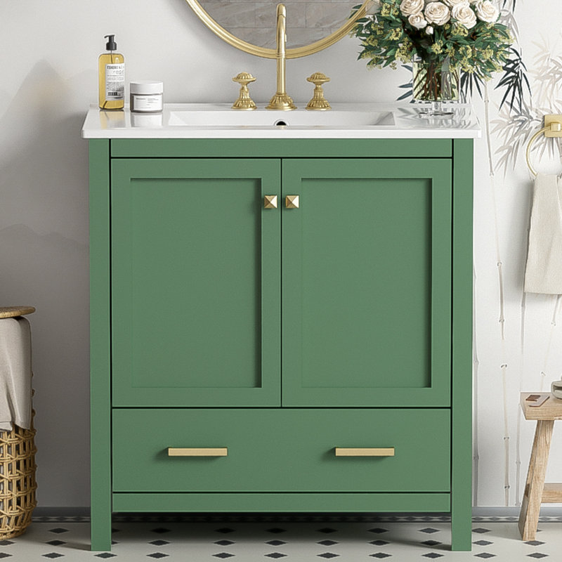 Meuble-lavabo vert 30 po avec lavabo simple, meuble-lavabo sous le comptoir, armoire de rangement avec 2 portes et un tiroir, fermeture en douceur, rangement multifonctionnel, meuble-lavabo