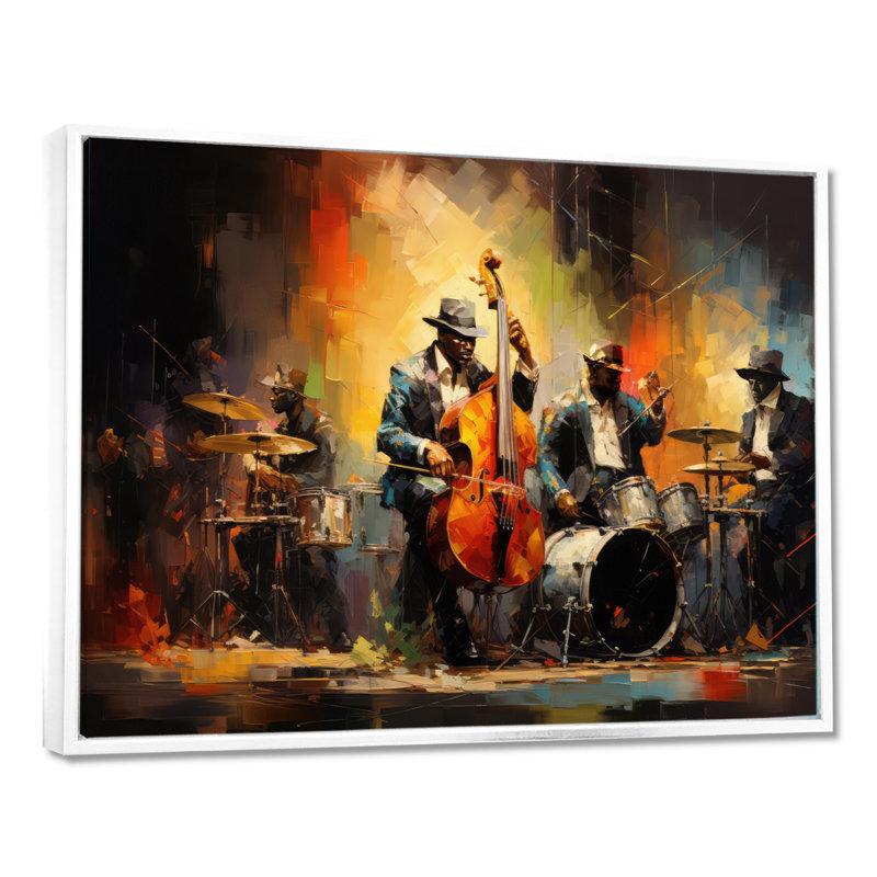 Beira jaune orange Jazz Band - art mural de danse pour le salon, H 12 po x l 20 po, Blanc, Reproduction avec cadre flottant