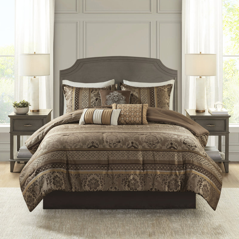 Édredon grand 7 pièces - brun / or, style plus joli, impeccable, Queen Comforter + 6 Additional Pieces