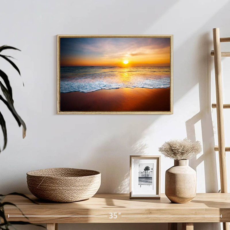 Coucher de soleil sur les vagues mousseuses, 19 po x 13 po, Cadre flottant en bois naturel