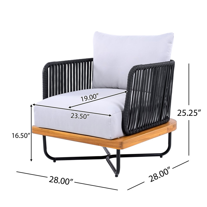 Dominic Outdoor Acacia Wood Rope Woven Club Chairs, White, Black