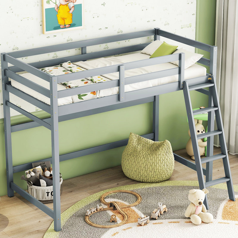 Lit mezzanine simple avec échelle inclinée, garde-corps, Gris