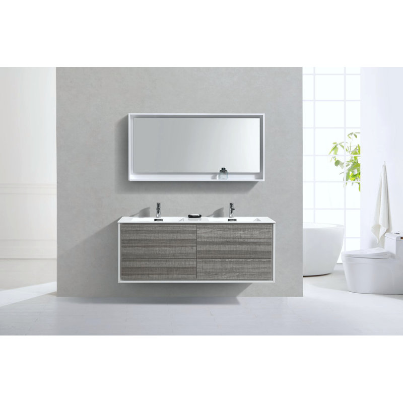 Ensemble de meuble-lavabo double mural 59 po Trieu, Blanc brillant / gris