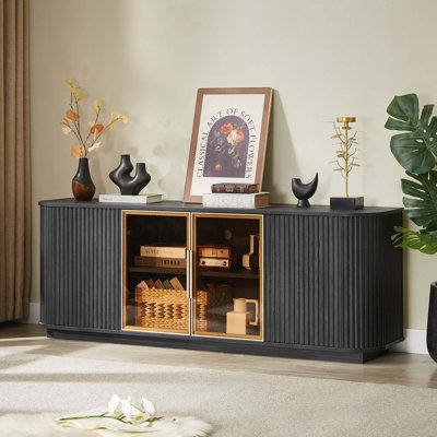 Stylish Wavy TV Cabinet with Round Sideboard Design, Wooden Vertical Stripe Storage and Aluminum Door Framed Tempered Glass for Multiple Rooms