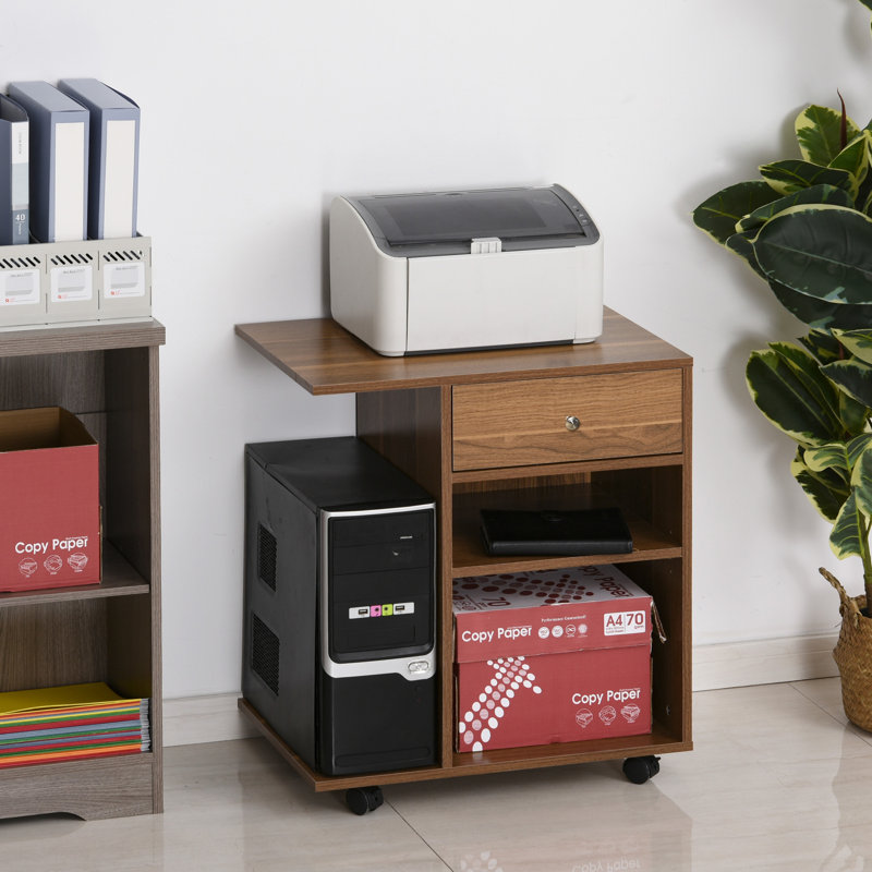 Walnut Particleboard Rolling Printer Stand with Drawer and Shelves