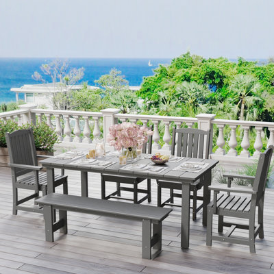 6-Piece Aluminum Frame HDPE Outdoor Dining Set With Bench 70.6" Patio Table