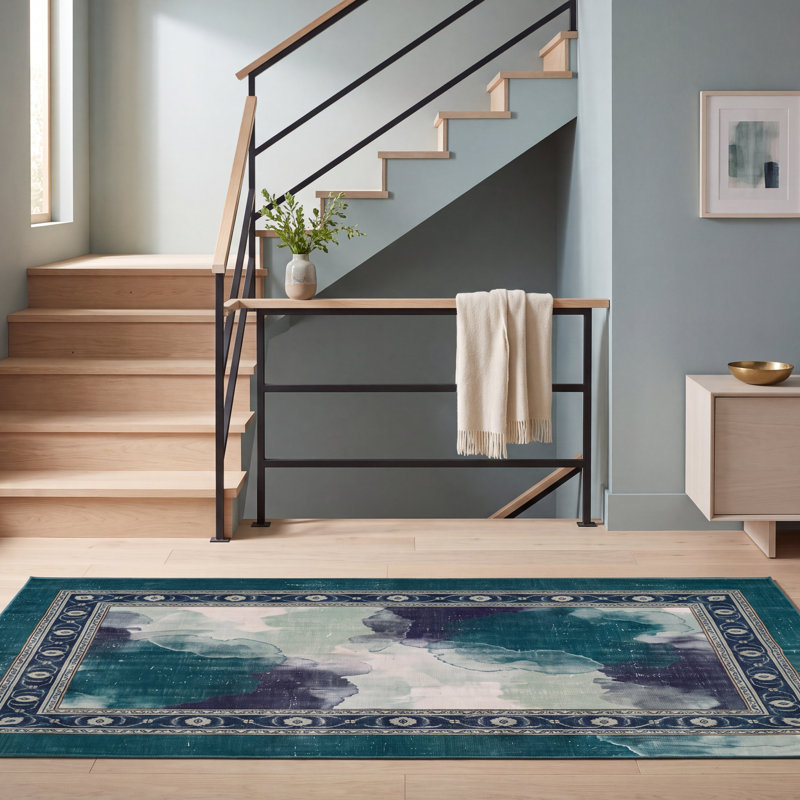 Tapis Calloway moderne à l'aspect vieilli, aquarelle abstraite, bleu sarcelle et blanc, lavable en machine, antidérapant, à poils courts, pour l'intérieur et l'extérieur, adapté aux animaux domestiques, idéal pour le salon, la chambre, la salle à manger, l'entrée, le couloir ou le bureau.