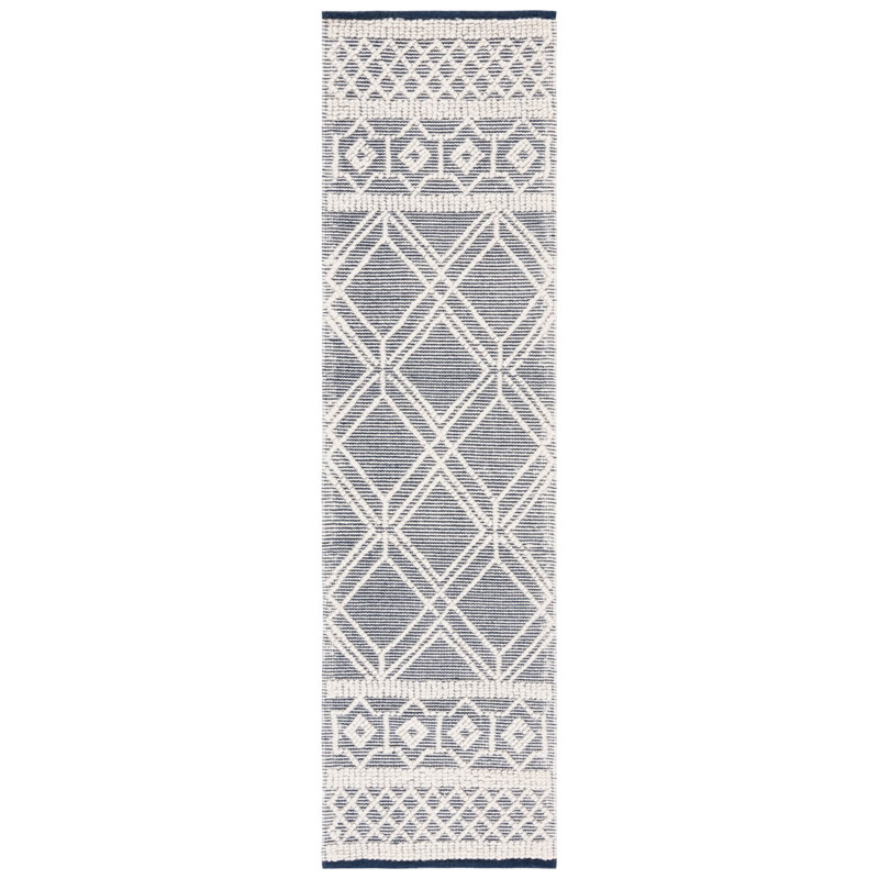 Jacques Hand Woven Wool/Cotton Southwestern Rug in Navy/Ivory, Runner 2'3" x 8'