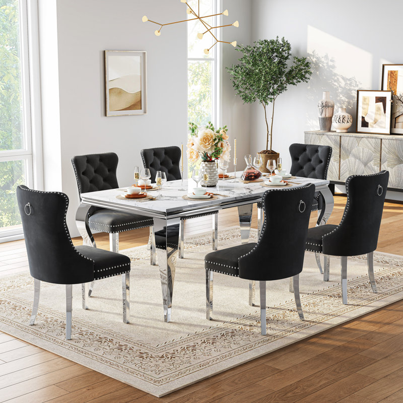Luxurious Dining Table, 69” Dining Room Table, Rectangular Faux Marble Kitchen Table For Dining Room Family Gatherin, Silver