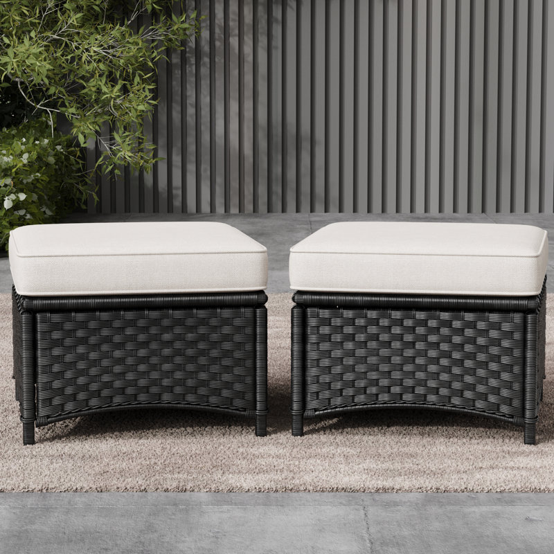 Repose-pieds d'extérieur en rotin avec coussin épais LayinSun, Noir, Beige