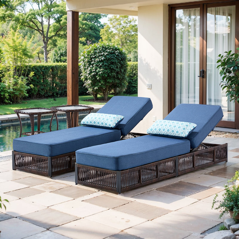 Wickes 4-Piece Outdoor Chaise Lounge Set, 2 All-Weather Wicker Recliners With 2 Side Tables, Blue