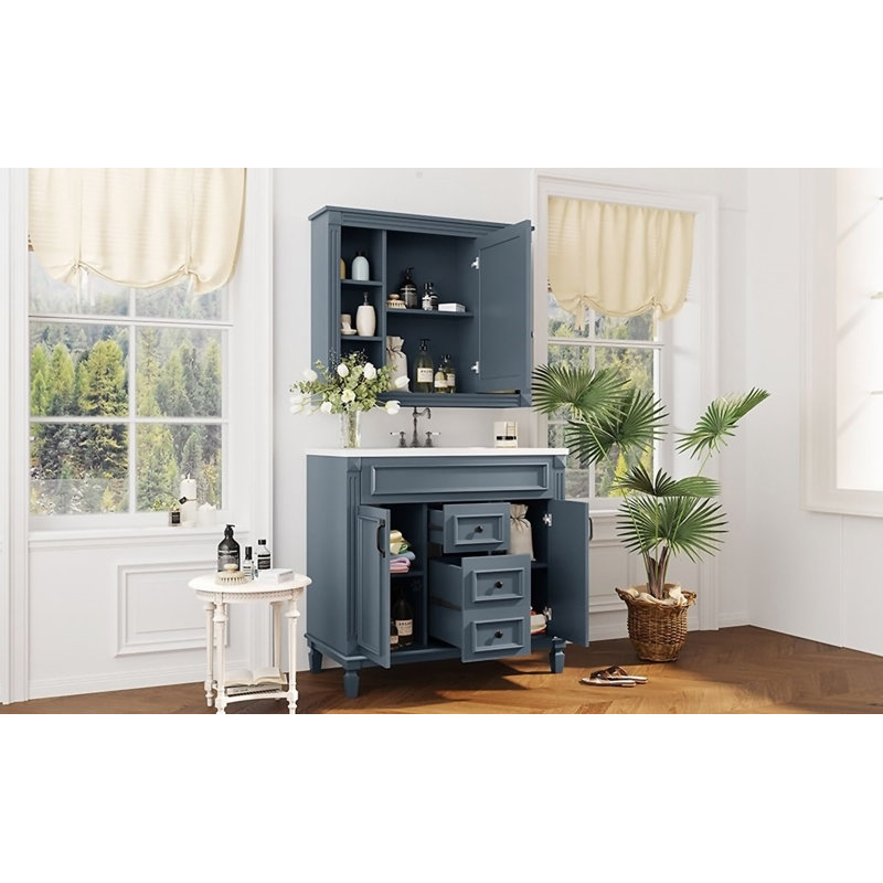 Meuble-lavabo de 36 po avec lavabo supérieur, armoire à miroir, armoire de rangement moderne avec 2 portes à fermeture douce et 2 tiroirs, meuble-lavabo simple