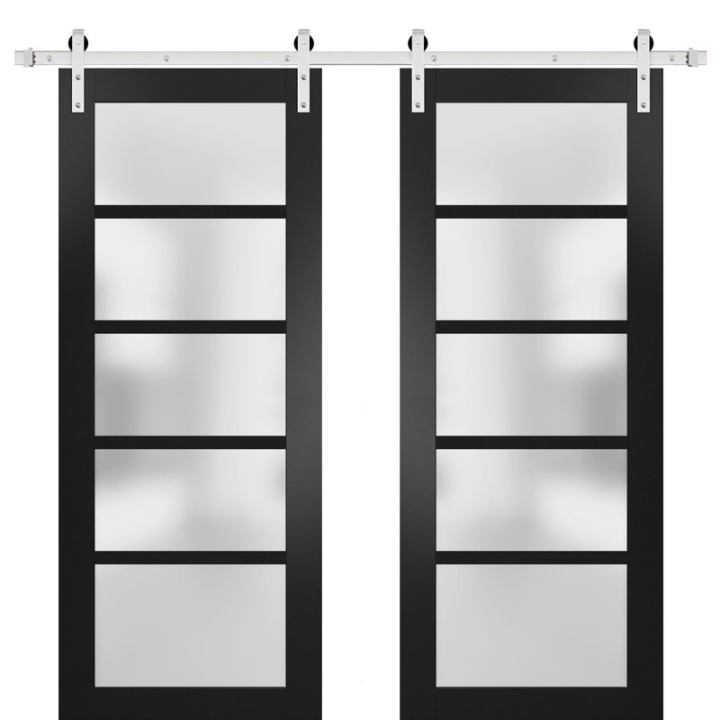 Quadro Frosted Glass Barn Doors with Installation Hardware Kit, Black, 36" x 84", Stainless Steel