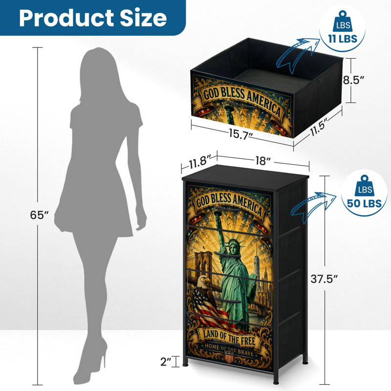 Commode 4 tiroirs pour chambre à coucher, commode étroite, plateau en bois et structure de bureau en fer 18 po x 37,5 po (lxH) - avec statue Liberty American Eagle