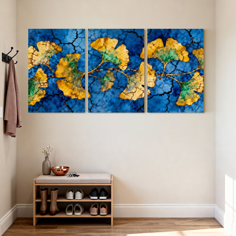 Motif de feuille de ginkgo sur fond bleu craquelé, reproduction d'art sur toile (ensemble de 3), H 36 po x l 72 po