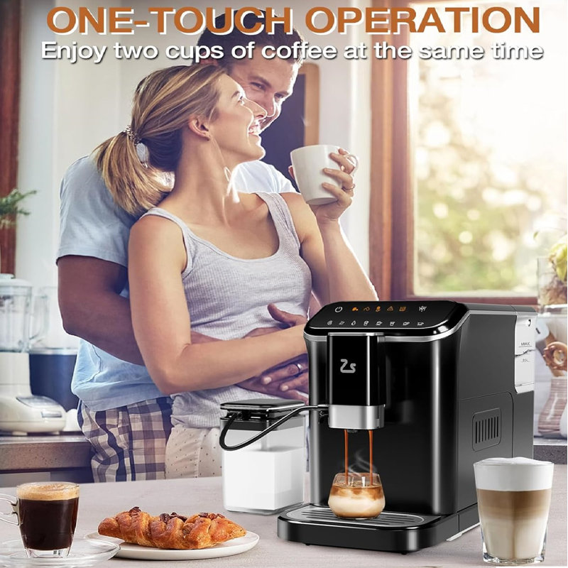 Fully Automatic Espresso Machine With Milk Frother Steam Wand, Built-in Grinder, Touch Screen Coffee Maker, 7 Coffee Varieties, Espresso & Coffee Machine Ideal For Home Baristas