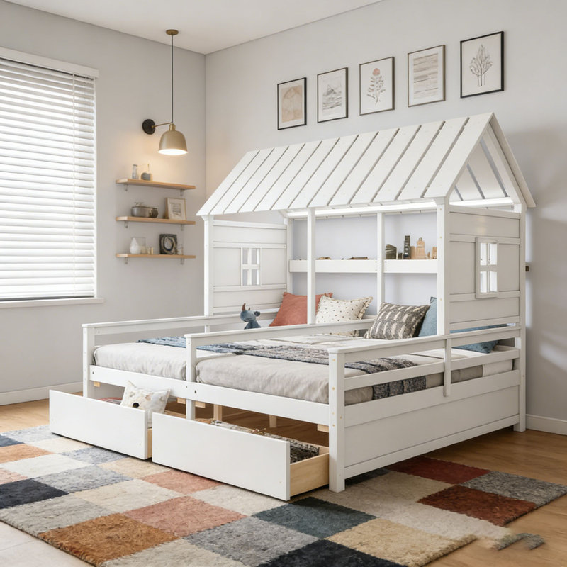 Lits plateforme simple à deux tiroirs pour lits partagés garçon et fille, Blanc