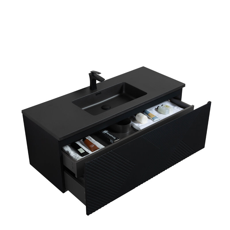 Hindel 48 po L x 19 po P 2 tiroirs Meuble-lavabo avec évier simple et Comptoir en Quartz noir, Noir