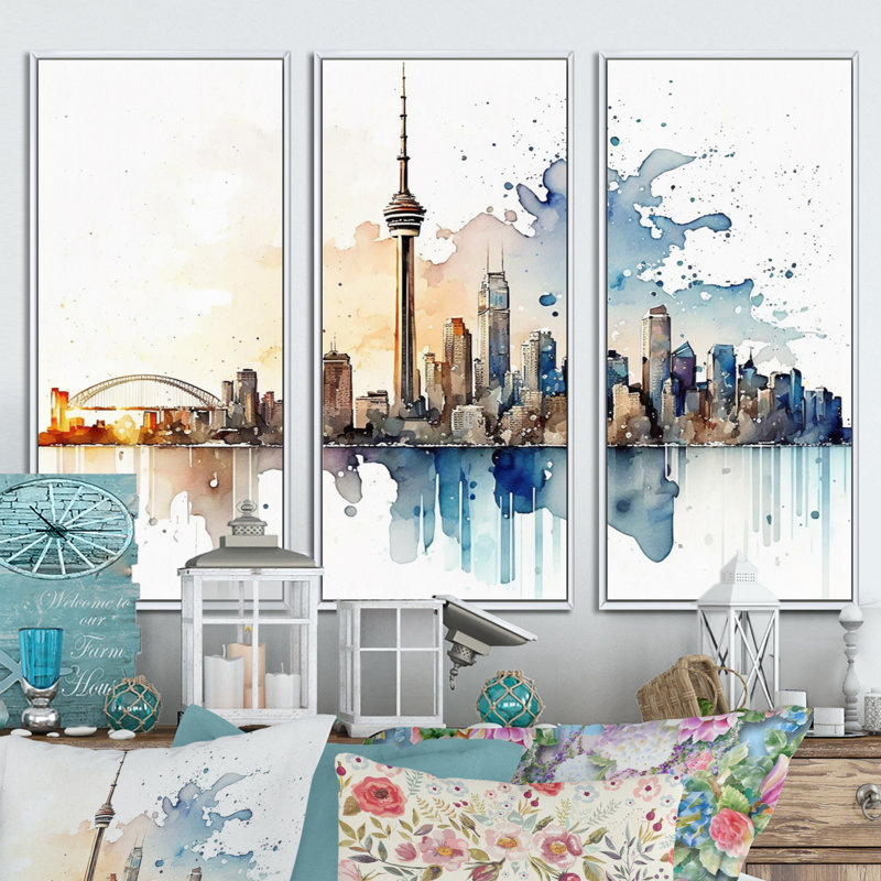Toronto Skyline I - 3 pièces sur toile, H 28 po x l 36 po, Cadre blanc