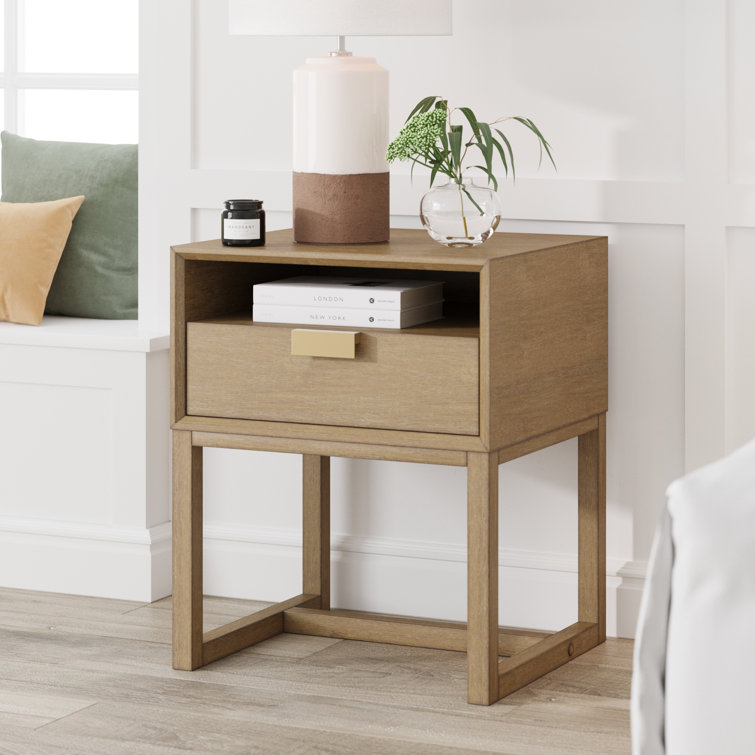 Arcely Wood Bed Side Table With Storage Drawer And Cubby