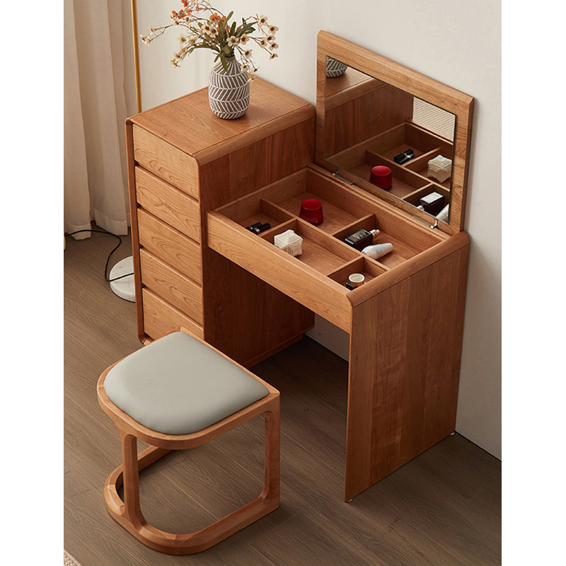 Table de maquillage moderne en bois de cerisier massif avec miroir rabattable et commode à tiroirs