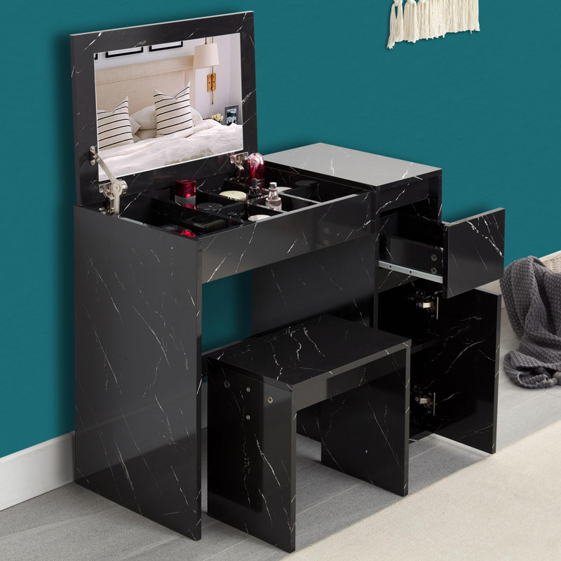 Neomi Dressing Table with Mirror, Black