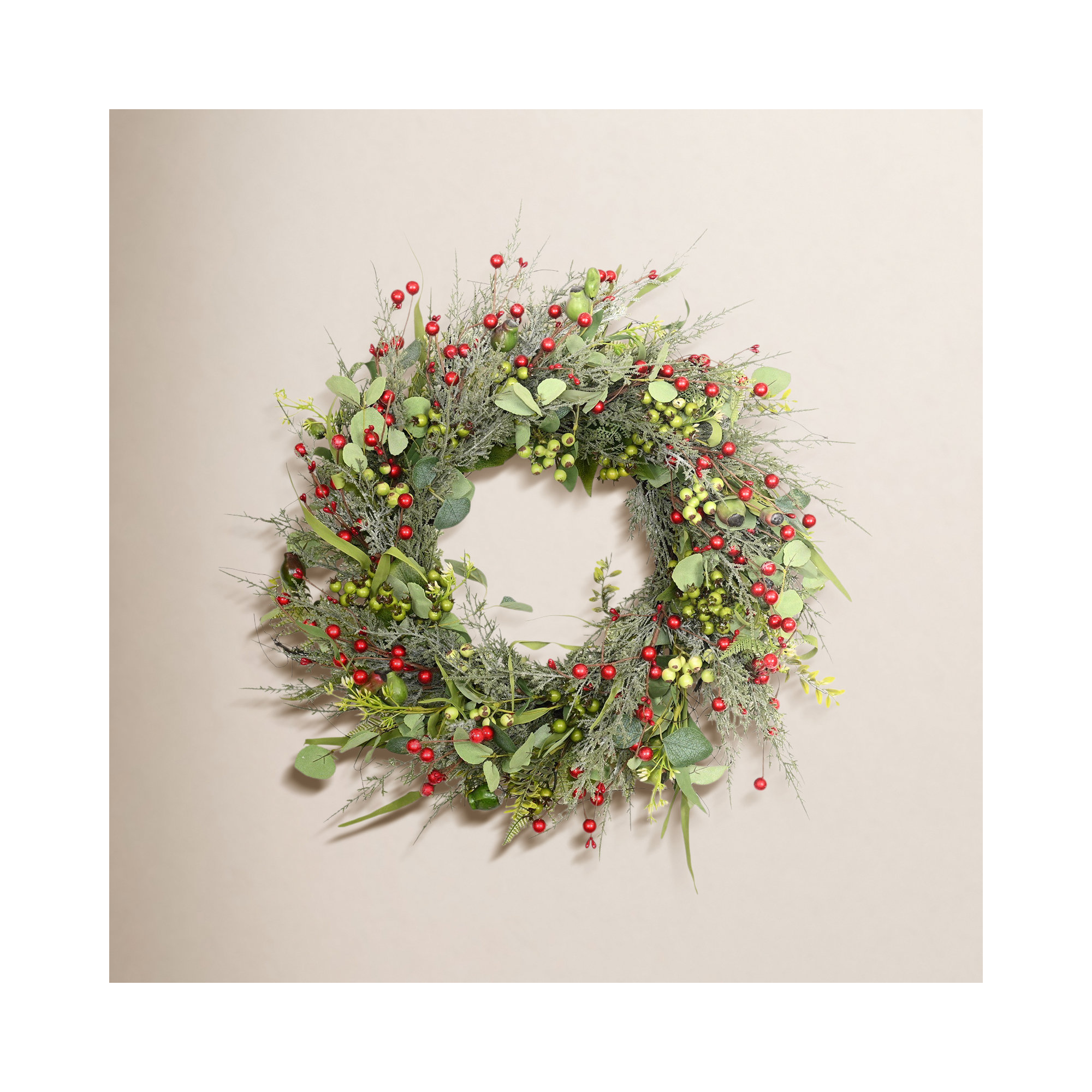 24" Artificial Farmhouse Blossom Cluster Greenery Cypress Eucalyptus Berry Christmas Day Winter Front Door Wreath, Red/Green