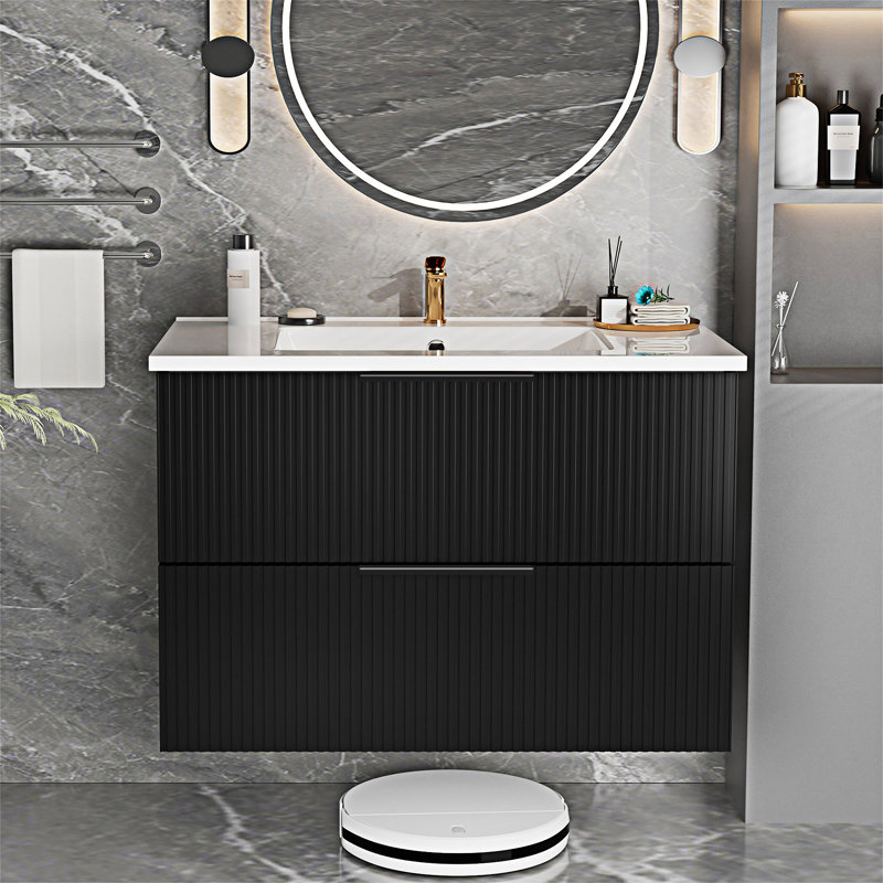 Meuble-lavabo mural flottant avec lavabo en céramique, Noir mat, 30"