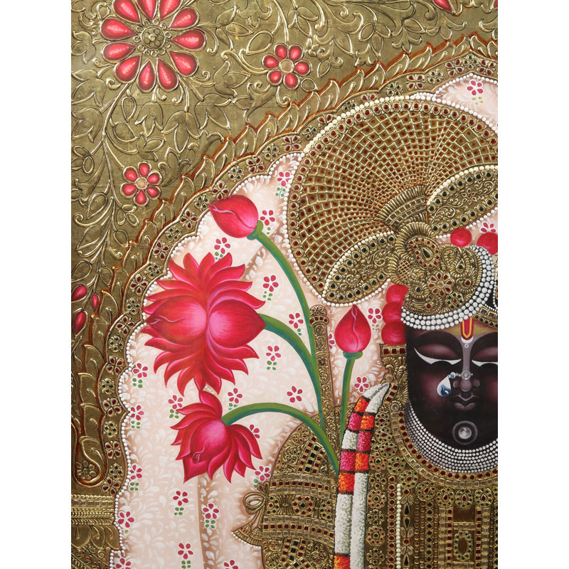 Peinture surdimensionnée encadrée "Shrinath ji" - art mural Krishna orné 24 carats