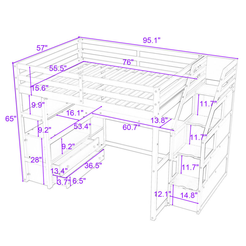 Lit mezzanine en bois Finck avec bureau, escalier et tablettes, Double, gris