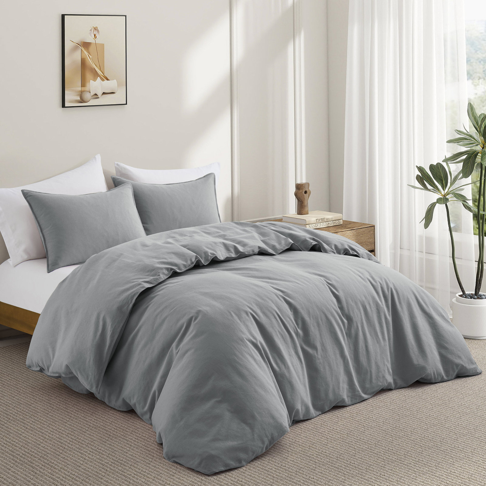 Boseman 100% Linen Duvet Reversible Duvet Cover Set, King Duvet Cover + 2 King Pillowcases, Gray