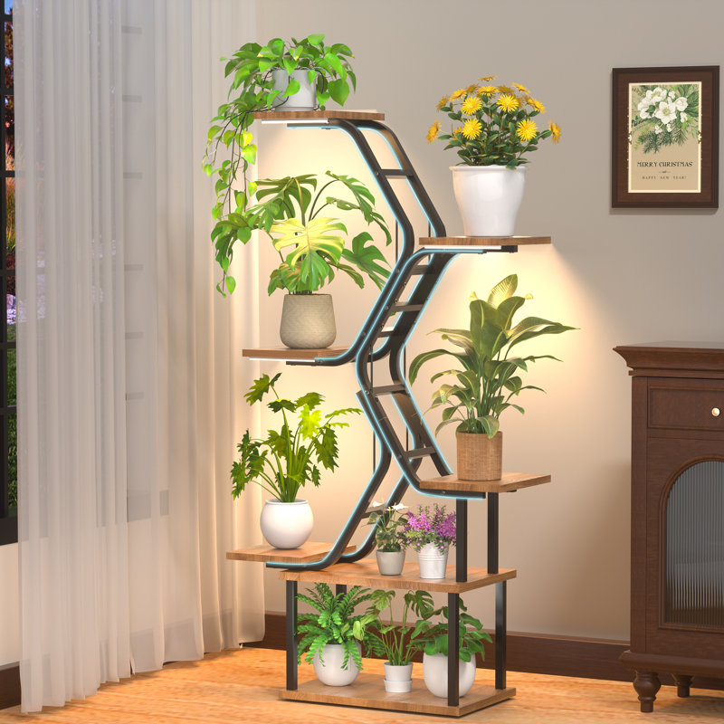 Support pour plante d'intérieur 65 "avec lumière de croissance, étagère à plantes en métal à 7 niveaux avec cadre double tuyau pour présentation en coin
