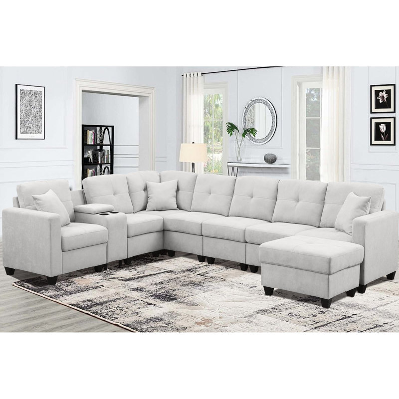 Gris, canapé modulaire, velours de haute qualité, sensation, conception de la peau, porte-gobelets, support en bois massif de 7 sièges