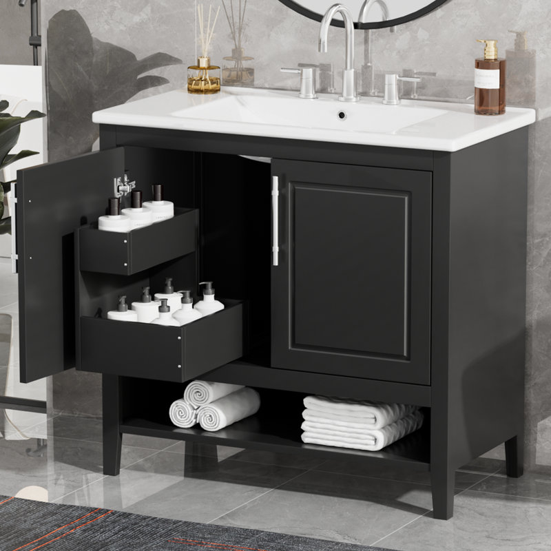 Meuble-lavabo de salle de bain avec lavabo, armoire de salle de bain multifonctionnelle avec portes et tiroirs, Noir