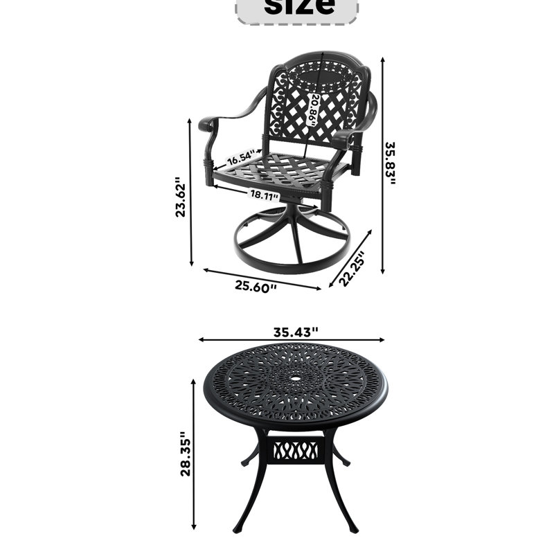 All-Weather 5 Table And Chair , Aluminum, 35.43" Round Table, 4 Swivel Chairs, Black, To Weather Changes, Comfortable Outdoor Dining Furniture, Cast