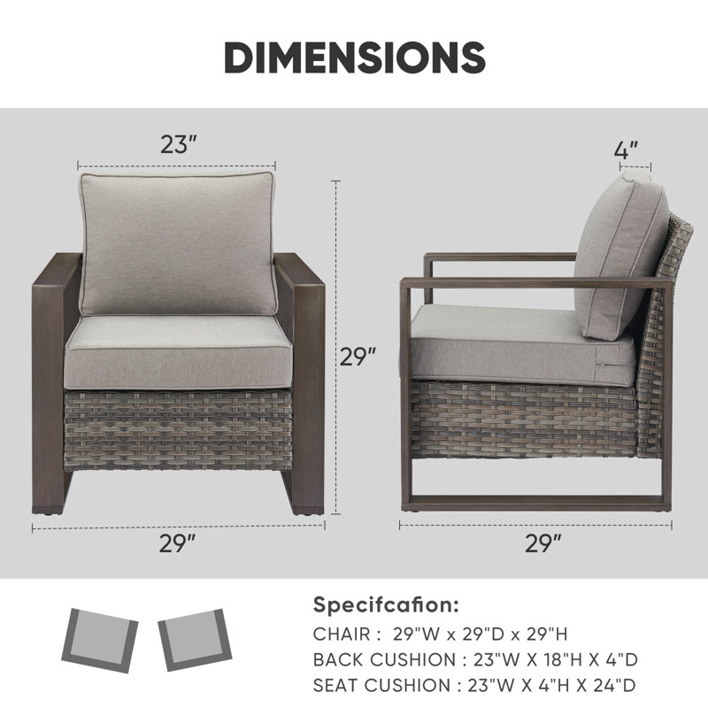 Drazen Outdoor Wicker Club Chair Set Of 4 With Thick Cushions & Unique Wood-Grain Armrests, Gray/Gray