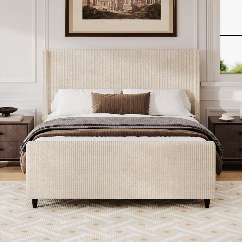 50.7'' High Headboard Corduroy Upholstered Bed Frame With Vertical Stripe Wingback And High Footboard No Box Spring Needed