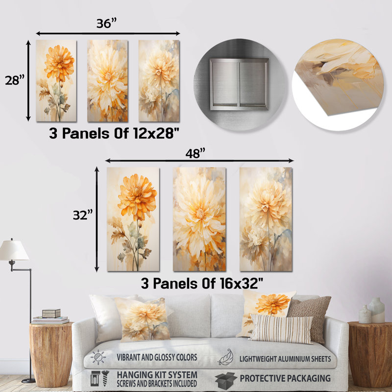 Bouquet de fleurs de souci souci de la nature morte - ensemble d'art mural en métal souci de 3, H 28 po x l 36 po
