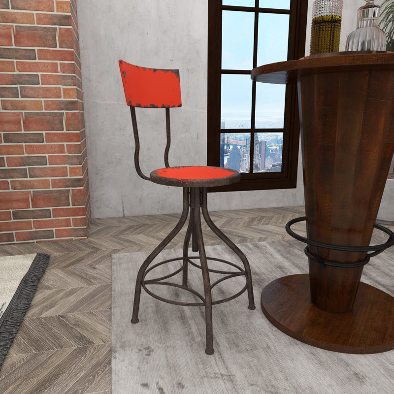 Tabouret de bar en métal patiné avec pieds et dossier en bronze industriel et Nuri, Rouge pompier