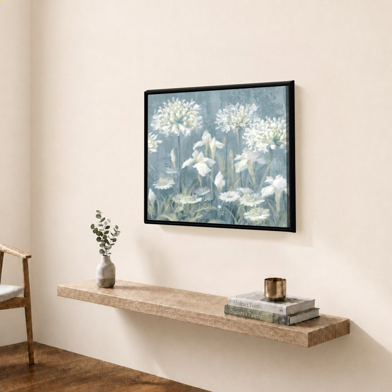 «Spring Blossoms II Slate Blue» par Danhui Nai - impression sur toile, H 34 po x l 44 po, Noir
