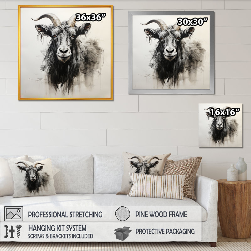 «I Black Charcoal Goat Portrait I», art mural animal de chèvre, Cadre flottant brun, H 36 po x l 36 po x P 1,5 po