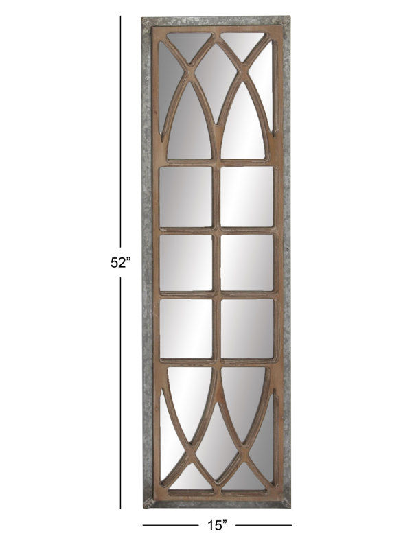 Wood Window Pane Inspired Panel Brown Wall Mirror with Galvanized Metal Frame