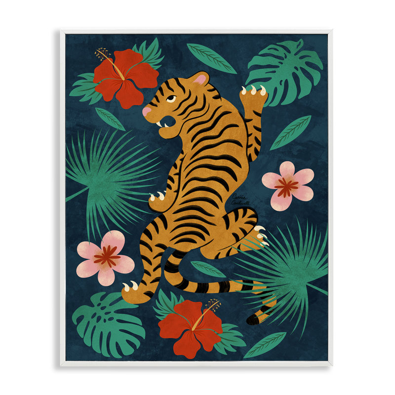 «Tiger Climbing» par Carrie Cantwell, H 14 po x l 11 po, Estampe numérique encadrée blanc bord de mer