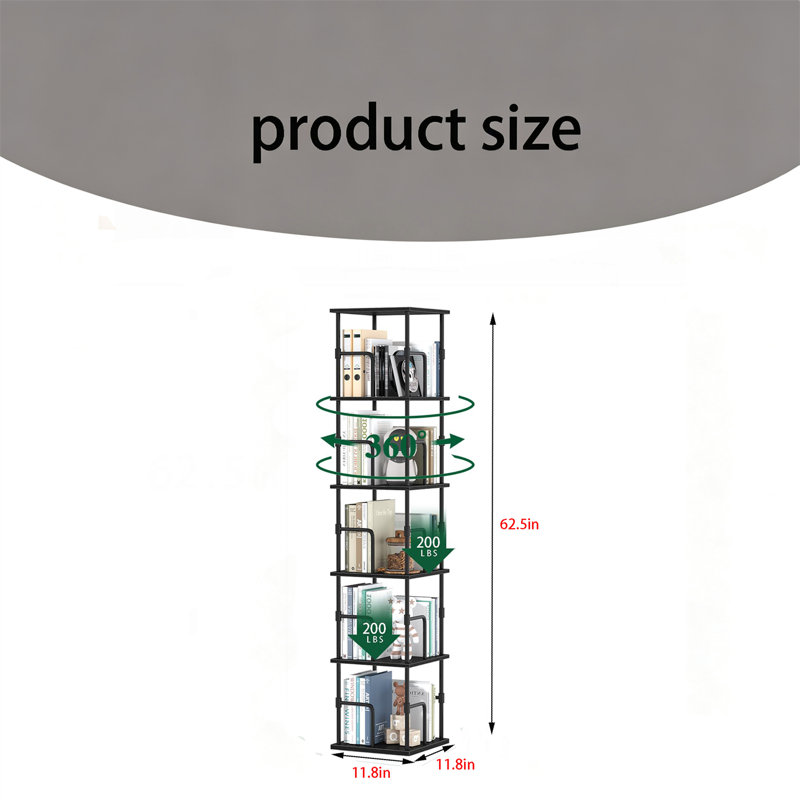 5-Tier Rotating Bookshelf – Freestanding Corner Bookcase with Rails, Industrial Style Storage Rack for Living Room & Bedroom